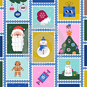 Christmas, New Year and Holiday cute postage stamps background