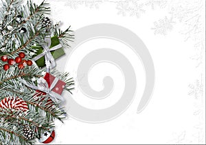 Christmas or New Year holiday festive winter greeting card with decorations over white background