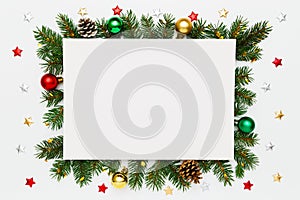 Christmas, New Year holiday layout with copy space for text. Blank white paper in frame of natural fir tree branches