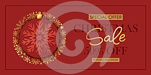 Christmas and New Year holiday sale shop banner. Golden shiny snowflakes. Chic elegant, festive card, cover, voucher