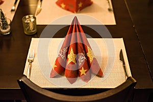 Christmas And New Year Holiday Table Setting. Celebration. Place setting for Christmas Dinner Holiday Decorations. Decor