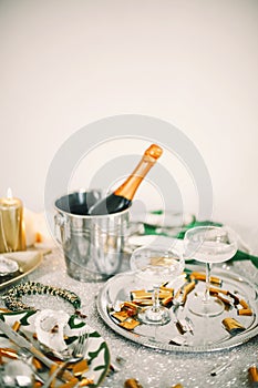 Christmas And New Year Holiday Table Setting with Champagne. Celebration