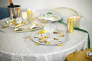 Christmas And New Year Holiday Table Setting with Champagne. Celebration
