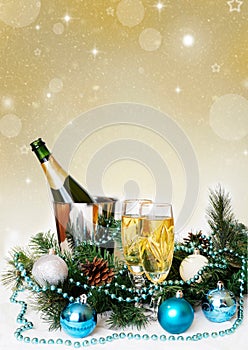 Christmas and new year holiday table setting with champagne. Celebration. Holiday Decorations. Decor.