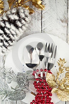 Christmas And New Year Holiday Table Setting. Holiday Decorations.