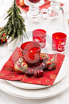 Christmas And New Year Holiday Table Setting.  Place setting for Christmas Dinner. Holiday Decorations