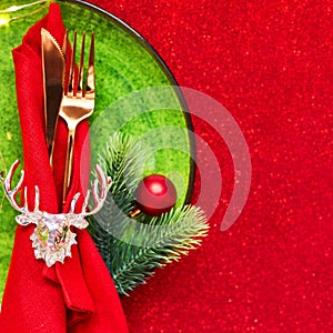 Christmas And New Year Holiday Table Setting, Red Holiday Decorations