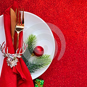 Christmas And New Year Holiday Table Setting, Red Holiday Decorations