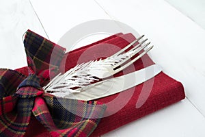 Christmas and New Year holiday table setting on a white wooden background with place for text.