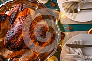 Christmas and New Year. Holiday turkey, on a served table, recipes, horizontal frame