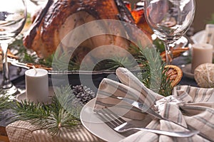 Christmas and New Year. Holiday turkey, on a served table, recipes, horizontal frame