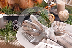 Christmas and New Year. Holiday turkey, on a served table, recipes, horizontal frame