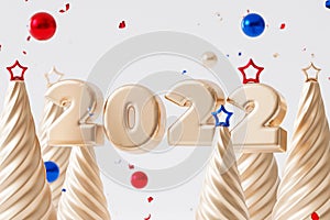 Christmas or New Year holidays background, golden 2022 letter, confetti and fir-tree with star, 3d render