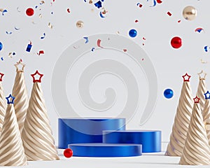 Christmas or New Year holidays background with shiny blue podiums or pedestals, confetti and fir-trees with star, 3d render