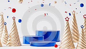 Christmas or New Year holidays background with shiny blue podiums or pedestals, confetti and fir-trees with star, 3d render