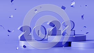 Christmas or New Year holidays background, violet 2022 letter with confetti, 3d render