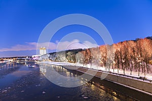 Christmas New Year holidays decoration in Moscow at night, Russia-- Andreevskaya Andreevsky embankment