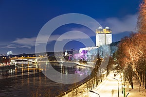Christmas New Year holidays decoration in Moscow at night, Russia-- Andreevskaya Andreevsky embankment