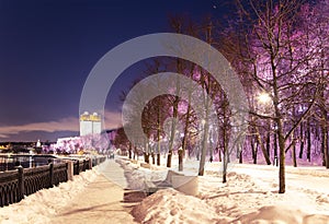 Christmas New Year holidays decoration in Moscow at night, Russia-- Andreevskaya Andreevsky embankment