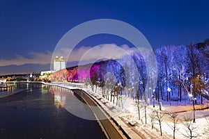 Christmas New Year holidays decoration in Moscow at night, Russia-- Andreevskaya Andreevsky embankment