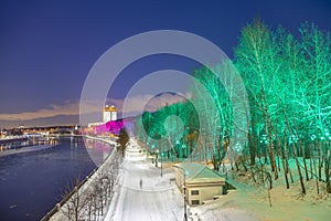 Christmas New Year holidays decoration in Moscow at night, Russia-- Andreevskaya Andreevsky embankment