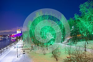 Christmas New Year holidays decoration in Moscow at night, Russia-- Andreevskaya Andreevsky embankment