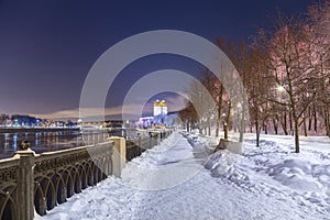 Christmas New Year holidays decoration in Moscow at night, Russia-- Andreevskaya Andreevsky embankment