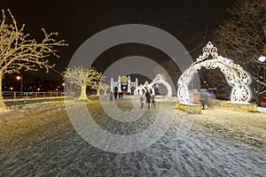 Christmas New Year holidays decoration in Moscow at night, Russia-- near the Big Moscow Circus on Vernadskogo Prospekt