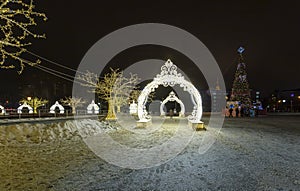 Christmas New Year holidays decoration in Moscow at night, Russia-- near the Big Moscow Circus on Vernadskogo Prospekt