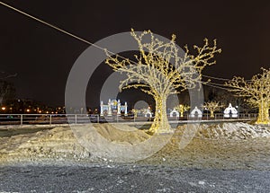 Christmas New Year holidays decoration in Moscow at night, Russia-- near the Big Moscow Circus on Vernadskogo Prospekt