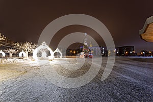 Christmas New Year holidays decoration in Moscow at night, Russia-- near the Big Moscow Circus on Vernadskogo Prospekt