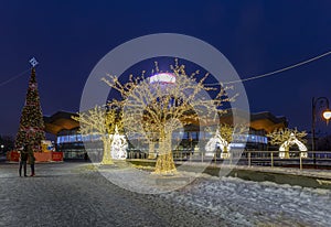 Christmas New Year holidays decoration in Moscow at night, Russia-- near the Big Moscow Circus on Vernadskogo Prospekt