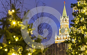 Christmas New Year holidays decoration in Moscow at night, Russia-- The Spasskaya Tower