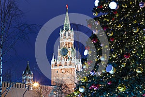 Christmas New Year holidays decoration in Moscow at night, Russia-- The Spasskaya Tower