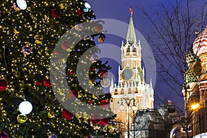 Christmas New Year holidays decoration in Moscow at night, Russia-- The Spasskaya Tower