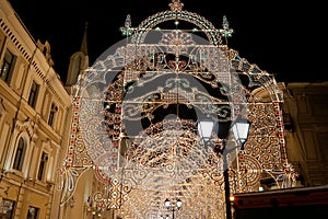 Christmas (New Year holidays) illumination on Nikolskaya Street near the Moscow Kremlin at night, Russia