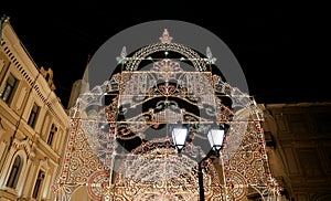 Christmas (New Year holidays) illumination on Nikolskaya Street near the Moscow Kremlin at night, Russia