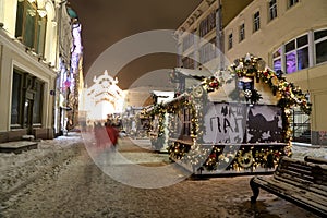 Christmas (New Year holidays) illumination on Nikolskaya Street near the Moscow Kremlin at night, Russia