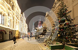 Christmas (New Year holidays) illumination on Nikolskaya Street near the Moscow Kremlin at night, Russia