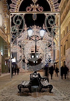 Christmas (New Year holidays) illumination on Nikolskaya Street near the Moscow Kremlin at night, Russia