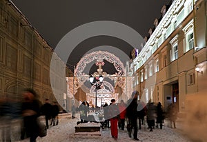 Christmas (New Year holidays) illumination on Nikolskaya Street near the Moscow Kremlin at night, Russia