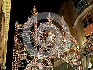 Christmas (New Year holidays) illumination on Nikolskaya Street near the Moscow Kremlin at night, Russia