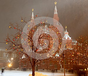 Christmas (New Year holidays) illumination and State Historical Museum at night, Red Square in Moscow, Russia