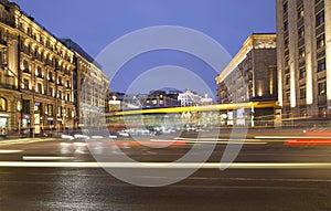 Christmas and New Year holidays illumination and Traffic of cars in Moscow city center Tverskaya Street near the Kremlin at nigh