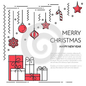 Christmas New Year horizontal banner with champagne, decorations Lline art