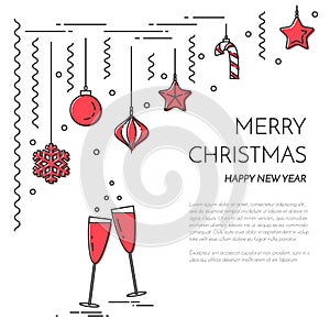 Christmas New Year horizontal banner with champagne, decorations Lline art