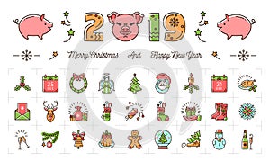 Christmas and New Year icons, 2019 year the Pig, Holiday colorful signs. Thin line art design, Vector flat illustration