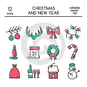Christmas and New Year icons made in modern line style.