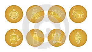 Christmas and New Year icons set. Traditional Symbols of Celebration and Holidays. Golden stickers