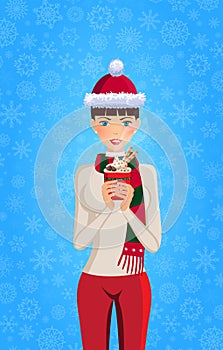 Christmas and new year illustration of cute girl with brown hair